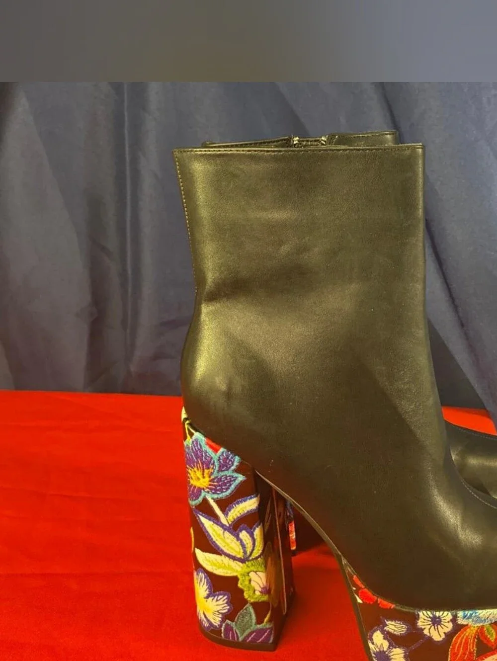 Floral Embroidered Platform Ankle Boots Black Chunky Block Heel Size 37Option